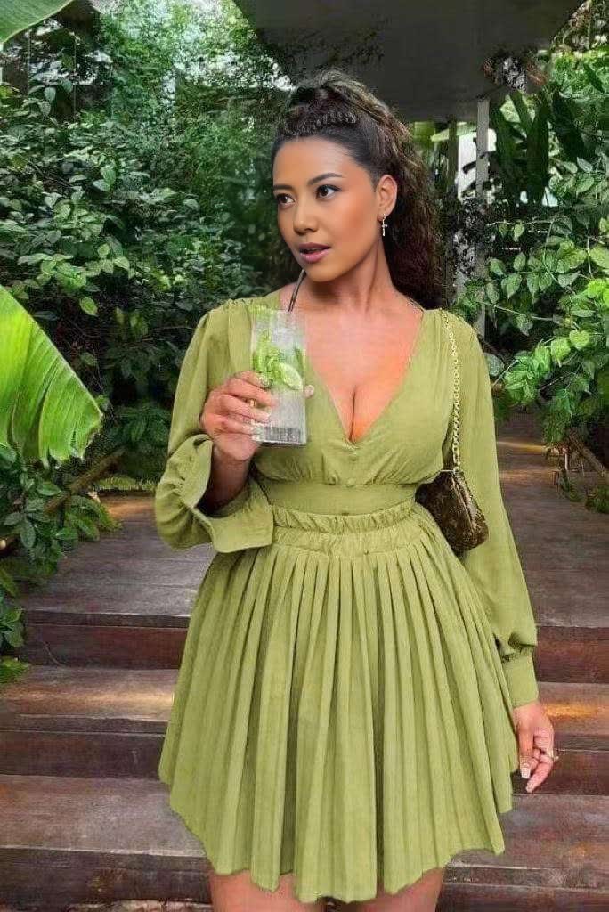 Pleated mini dress with V-neck, long sleeves, gathered waist, olive green