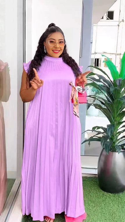Light-purple pleated maxi dress with high neckline and soft pleated skirt