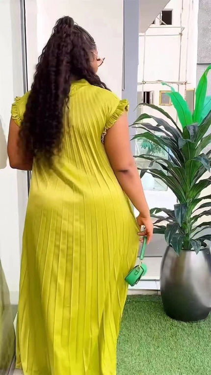 Green-yellow pleated maxi dress, short sleeves, gathered back detail