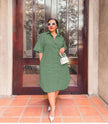 Loose-fit midi shirt dress, green, button collar and half placket.