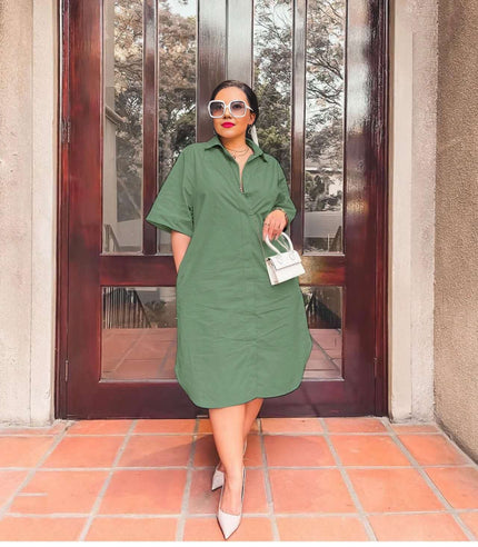 Loose-fit midi shirt dress, green, button collar and half placket.