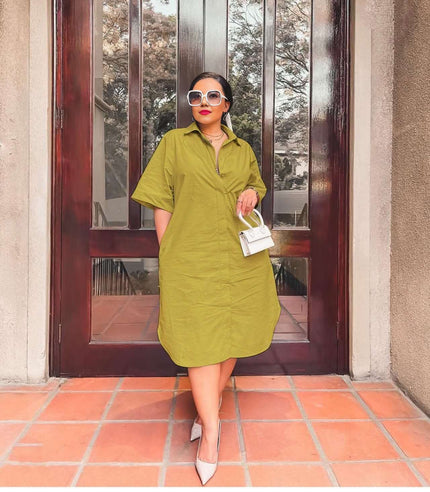 Loose-fit midi shirt dress, olive green, button collar and half placket.