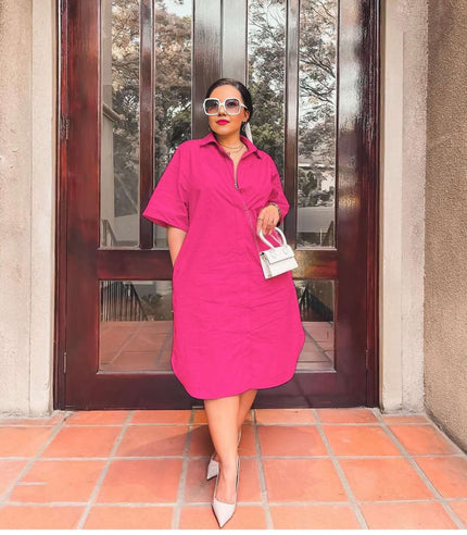 Loose-fit midi shirt dress, deep pink, button collar and short sleeves.