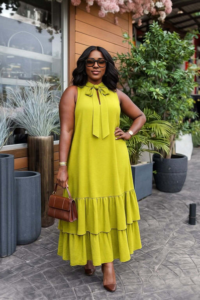 Tiered Ruffle Bow Neck Maxi Dress