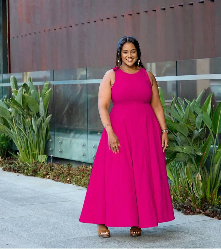 Sleeveless maxi dress in deep pink, scoop neck, sleeveless bodice, A-line skirt