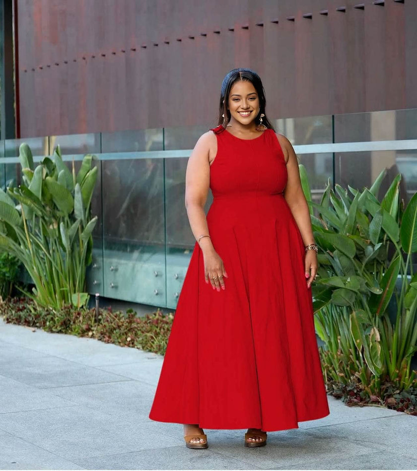 Red sleeveless maxi dress, scoop neck, fitted bodice, full A-line skirt
