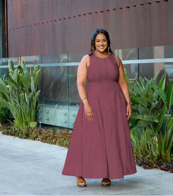 Plum sleeveless maxi dress, scoop neck, fitted bodice, flowing A-line skirt