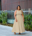 Khaki sleeveless maxi dress, scoop neck, fitted bodice, gathered A-line skirt