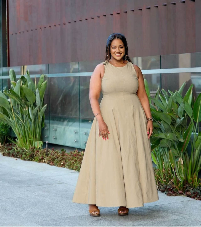 Khaki sleeveless maxi dress, scoop neck, fitted bodice, gathered A-line skirt