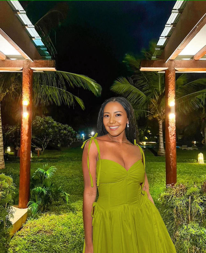 Maxi sleeveless gathered-waist dress in green with tie straps