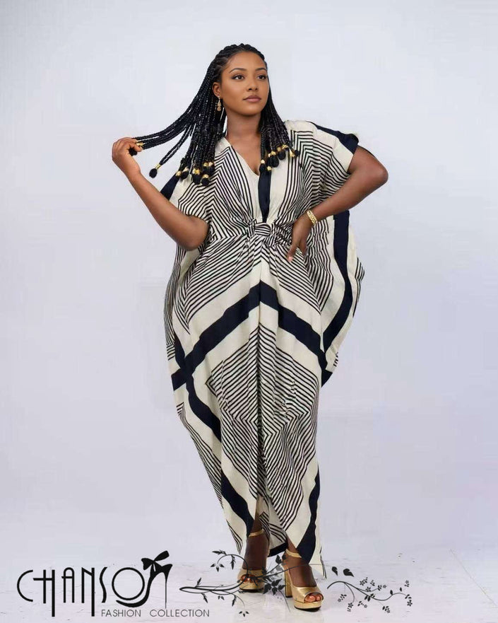 Plus-size geometric kaftan dress with knot waist, V-neck, cream and navy striped