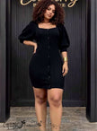 Black button-front puff sleeve bodycon dress with square neckline and short puff sleeves