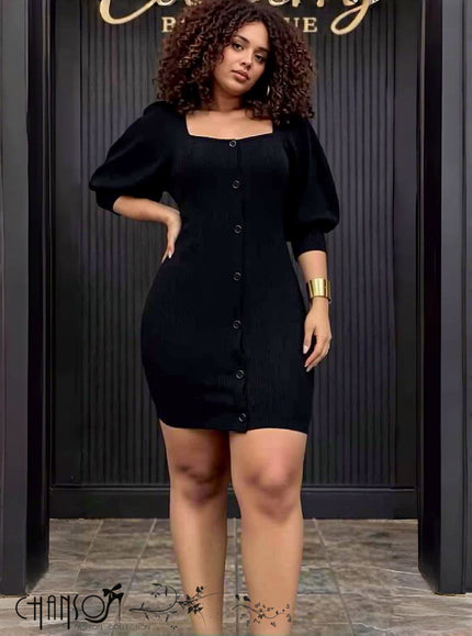 Black button-front puff sleeve bodycon dress with square neckline and short puff sleeves