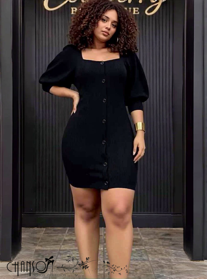 Black puff-sleeve bodycon dress with button front, square neckline