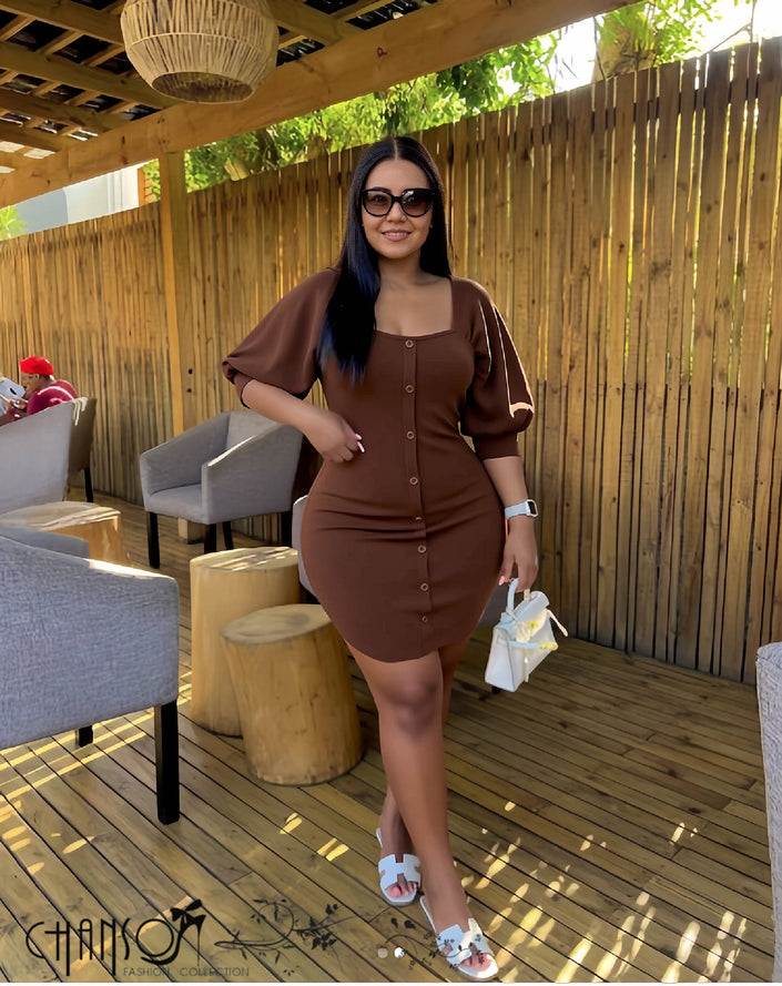 Brown puff-sleeve button-front bodycon dress, 3/4 sleeves