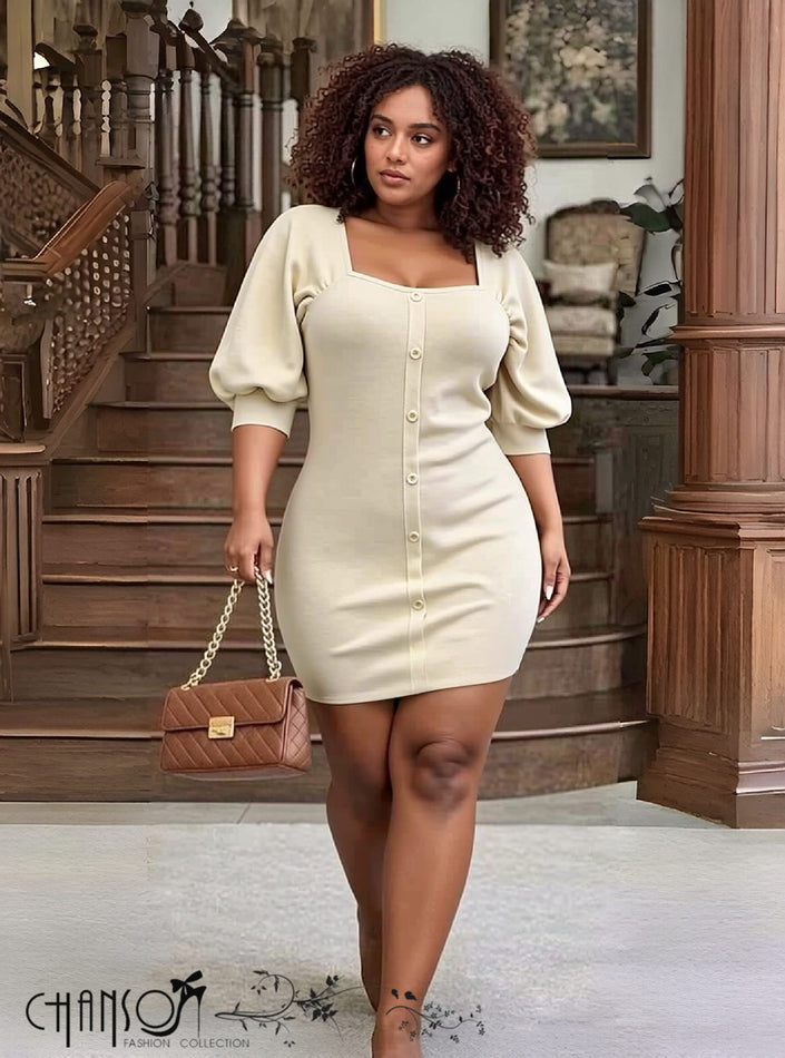 Cream puff-sleeve bodycon dress with button front and square neckline