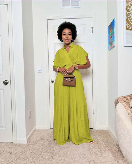 Yellow-green wide-leg jumpsuit with V-neck and adjustable tie waist