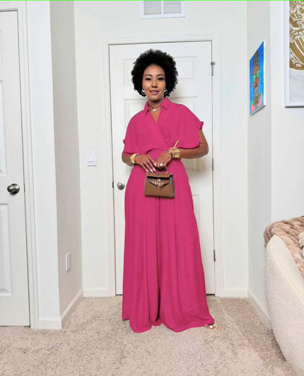 Deep-pink wide-leg jumpsuit with V-neck and adjustable tie waist