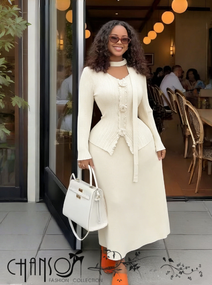 Light knit twin set with long-sleeve cardigan and maxi skirt with ruffle trim