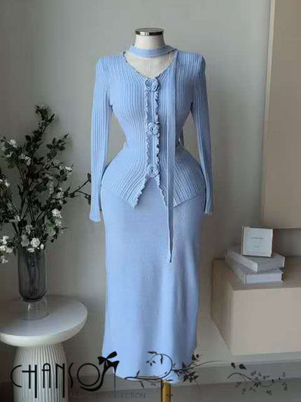 Sky blue ribbed knit twin set with button placket and maxi skirt hem