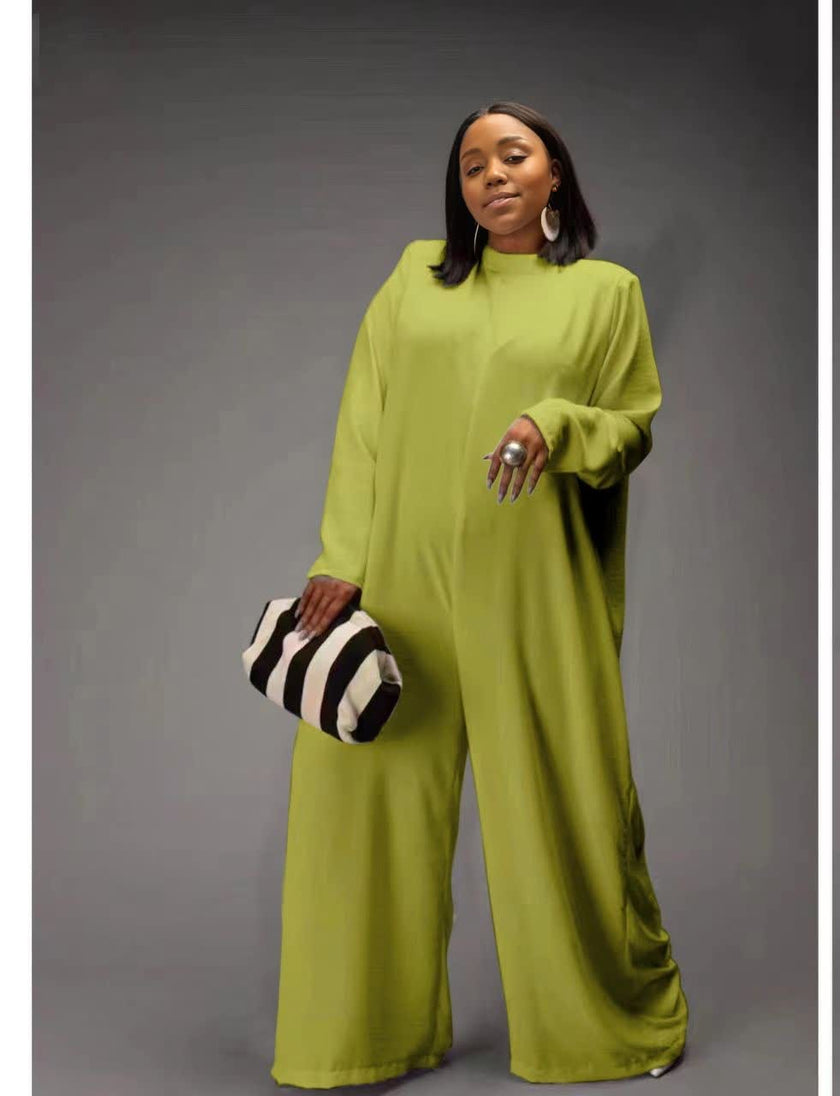 Green relaxed-fit jumpsuit with long sleeves and wide-leg pants