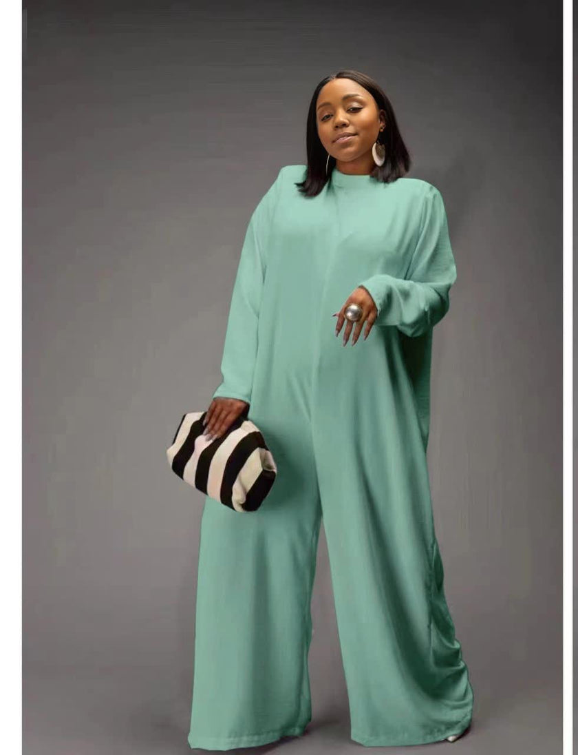 Turquoise relaxed-fit jumpsuit with long sleeves and wide-leg pants