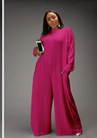 Fuchsia relaxed-fit jumpsuit with long sleeves and wide-leg pants