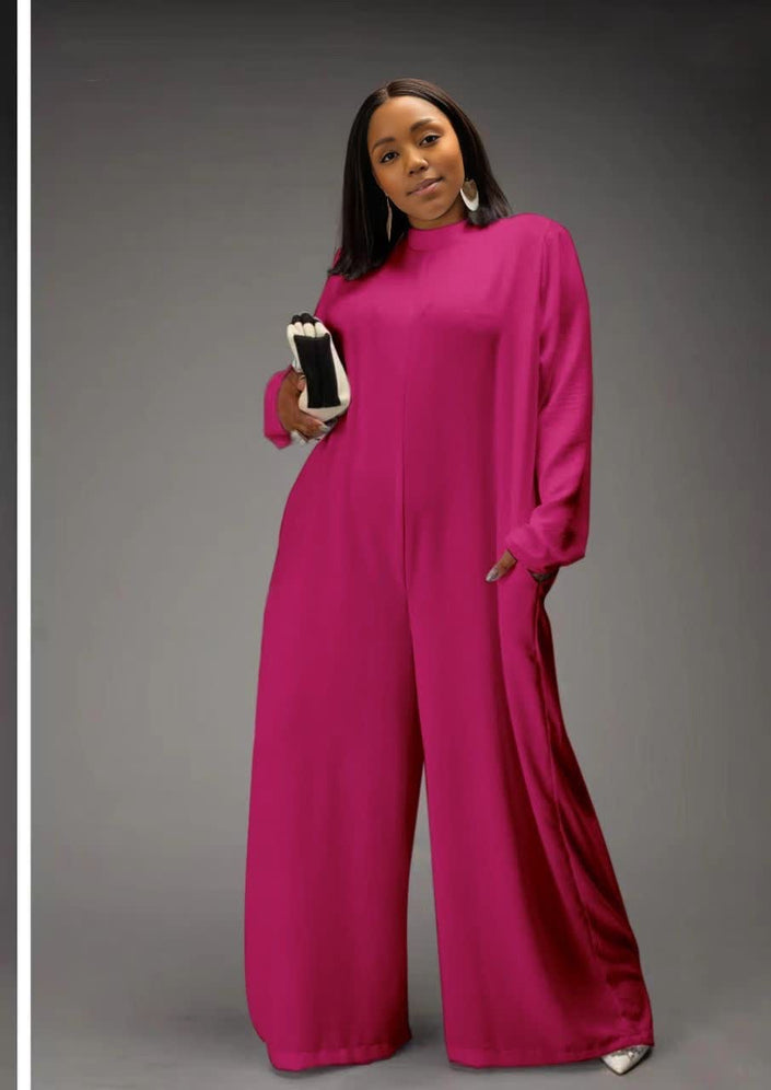 Fuchsia relaxed-fit jumpsuit with long sleeves and wide-leg pants