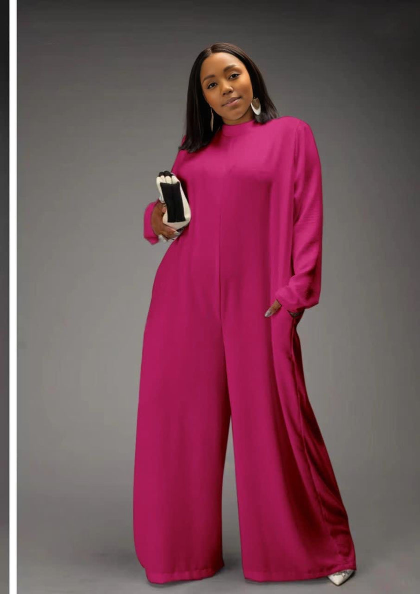Fuchsia relaxed-fit jumpsuit with long sleeves and wide-leg pants