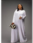 White relaxed-fit jumpsuit with long sleeves and wide-leg pants