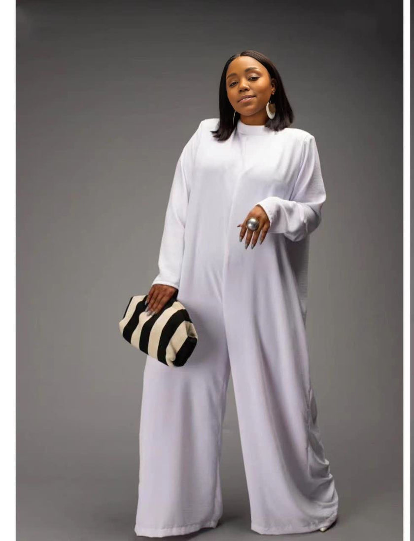 White relaxed-fit jumpsuit with long sleeves and wide-leg pants