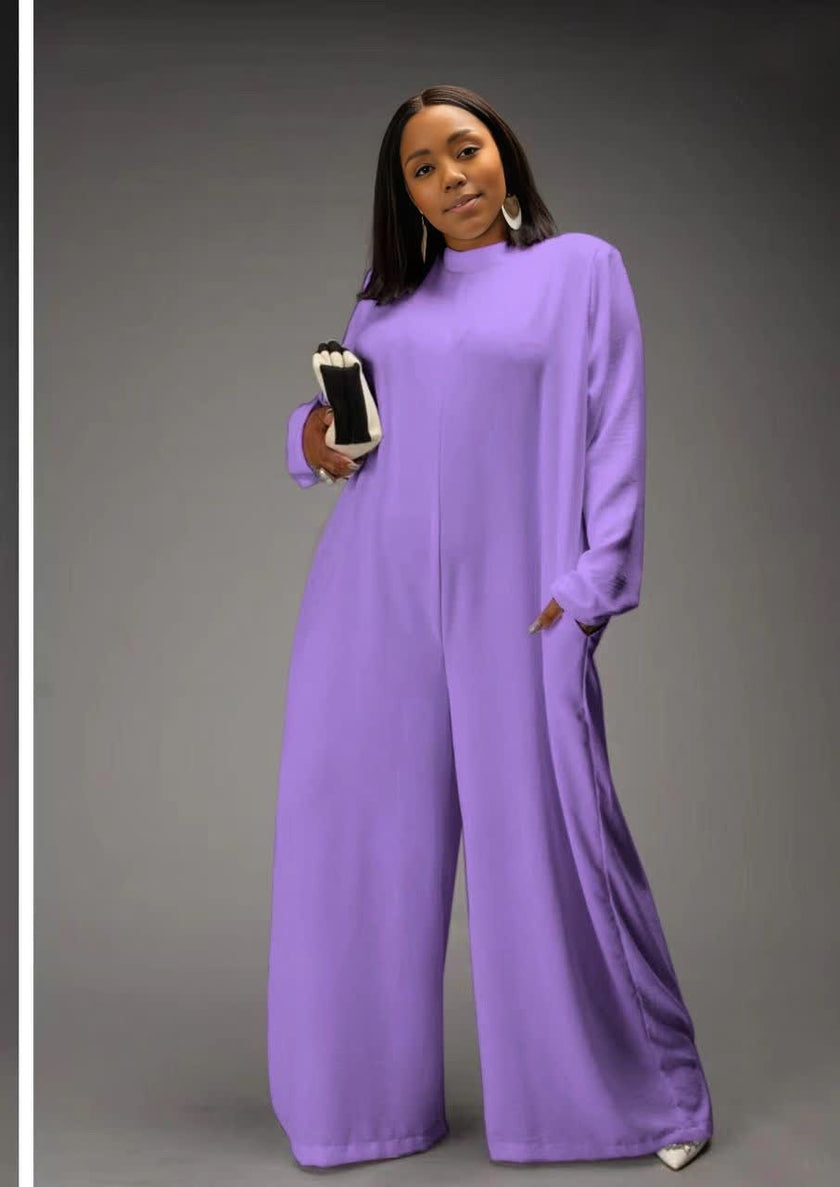 Light purple relaxed-fit jumpsuit with long sleeves and wide-leg pants
