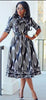 Patterned Mid-Length Flared Dress with Fitted Bodice and Three-Quarter Sleeves