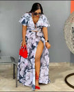 V-neck midi dress with abstract print, tied waist and side slit