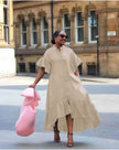 Khaki midi shirt dress with puff sleeves and tiered ruffle skirt