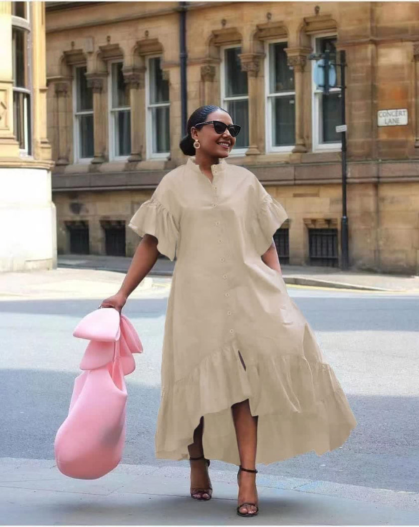 Khaki midi shirt dress with puff sleeves and tiered ruffle skirt