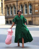 Dark green midi shirt dress with puff sleeves and tiered ruffle skirt