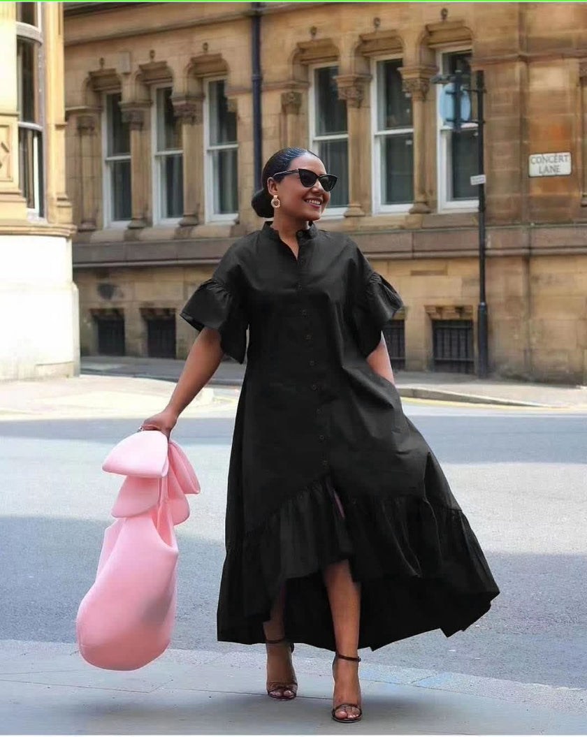 Black midi shirt dress with puff sleeves and tiered ruffle skirt