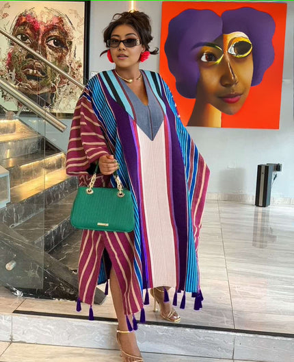 Color-block striped maxi kaftan dress with V-neck and tassel-trim hem