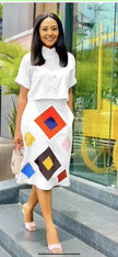 White midi skirt with geometric diamond print and button-front, multicolor square blocks