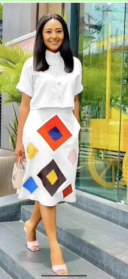 White midi skirt with geometric diamond print and button-front, multicolor square blocks