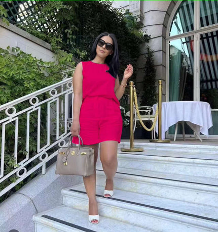 Deep-pink sleeveless waist-tie two-piece set with shorts