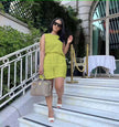 Lime green sleeveless waist-tie two-piece set with shorts