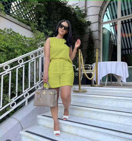 Lime green sleeveless waist-tie two-piece set with shorts