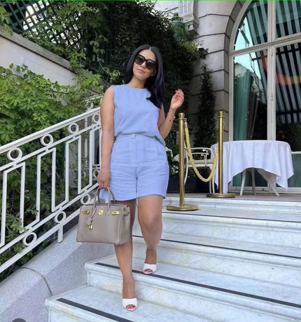 Light sky-blue sleeveless waist-tie two-piece set with shorts