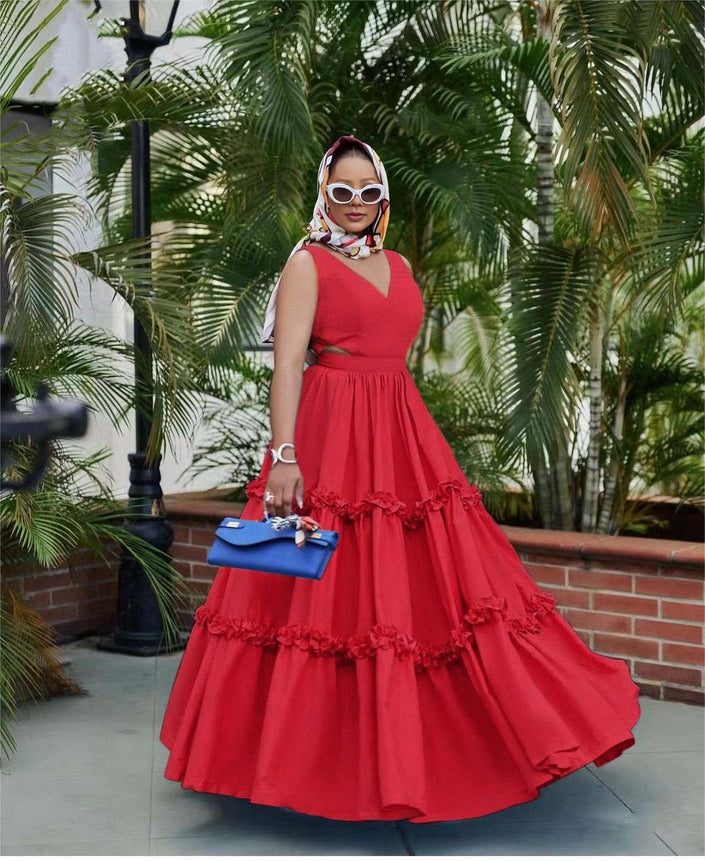 Ruffle maxi dress, sleeveless V-neck, tiered skirt, red