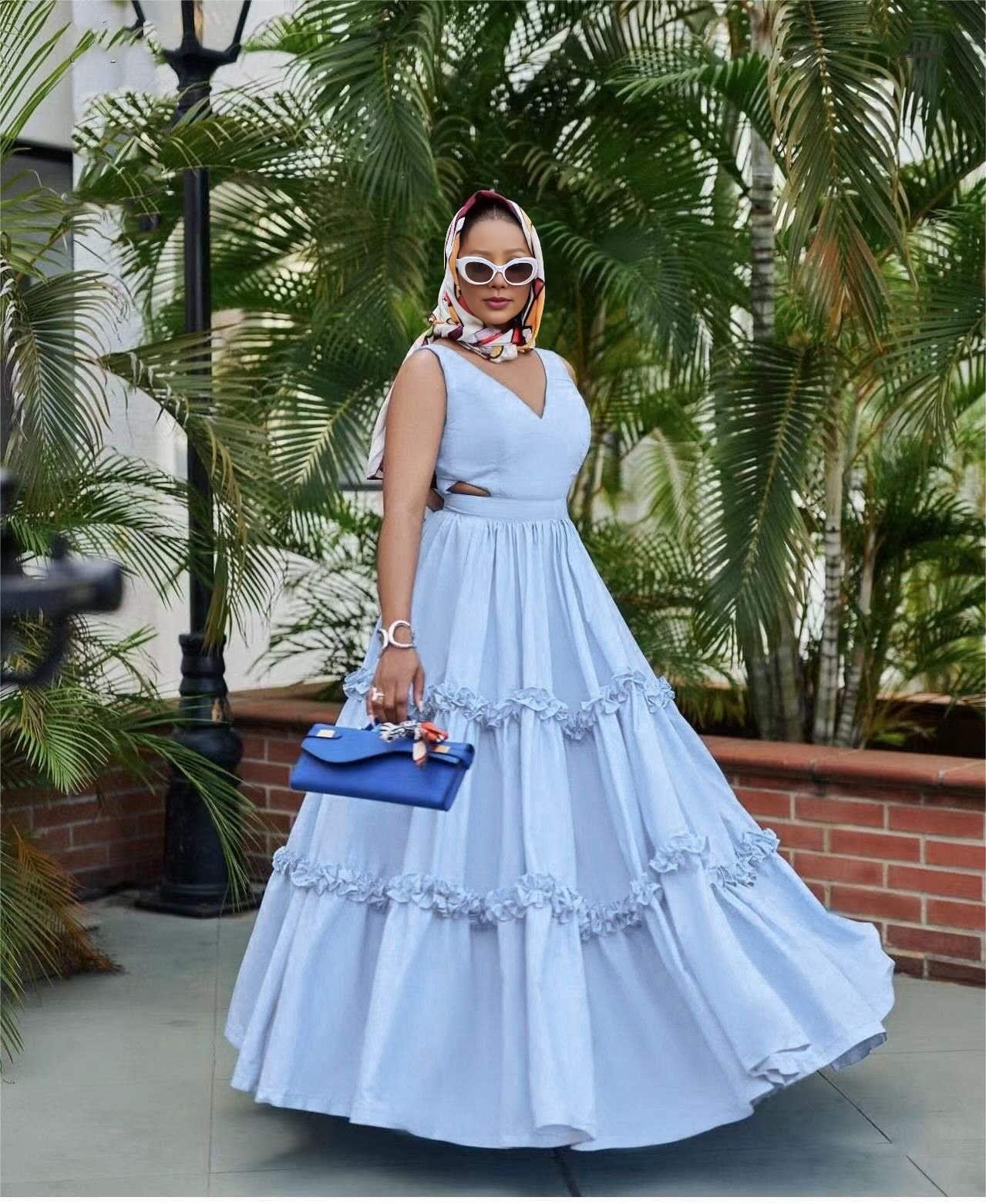 Ruffle maxi dress, sleeveless V-neck, tiered skirt, light blue