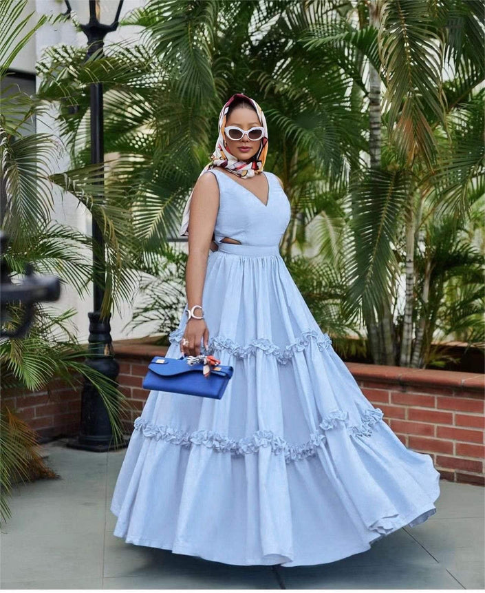 Ruffle maxi dress, sleeveless V-neck, tiered skirt, light blue