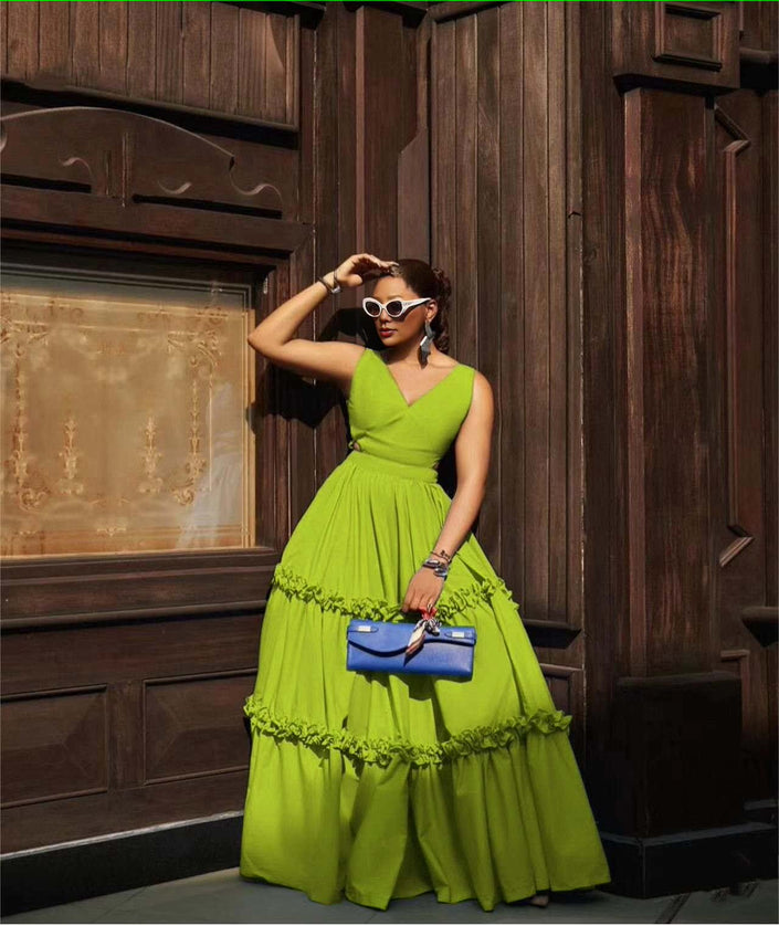 Ruffle maxi dress, sleeveless V-neck, tiered skirt, bright green