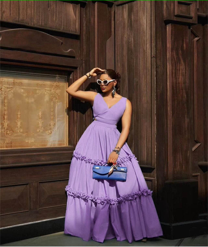 Ruffle maxi dress, sleeveless V-neck, tiered skirt, light purple